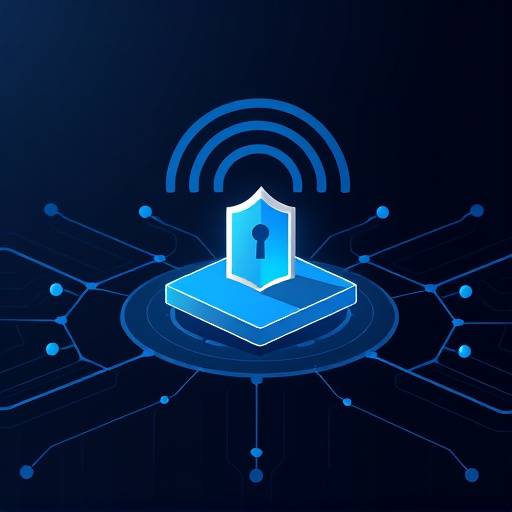 Illustration of a secure wireless network symbol surrounded by security layers.